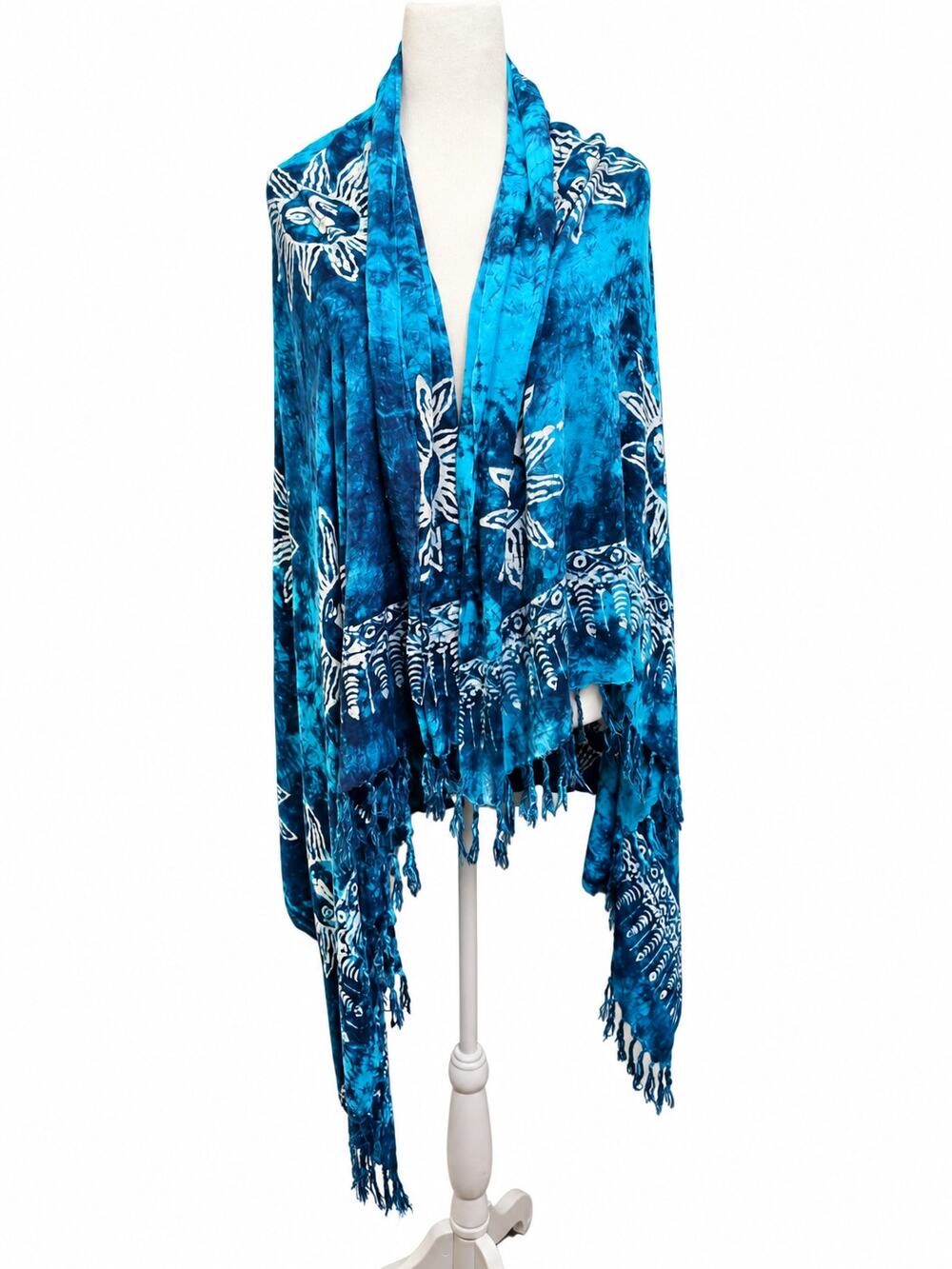 Handmade Indonesia Blue Batik Sun Print Rayon Shawl Scarf Wrap Fringe 47x64